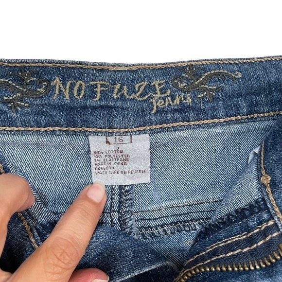 No Fuze Womens Jean Skirt 16 Blue Embroidered‎ Pockets Western Pencil Denim Slit - Picture 4 of 8